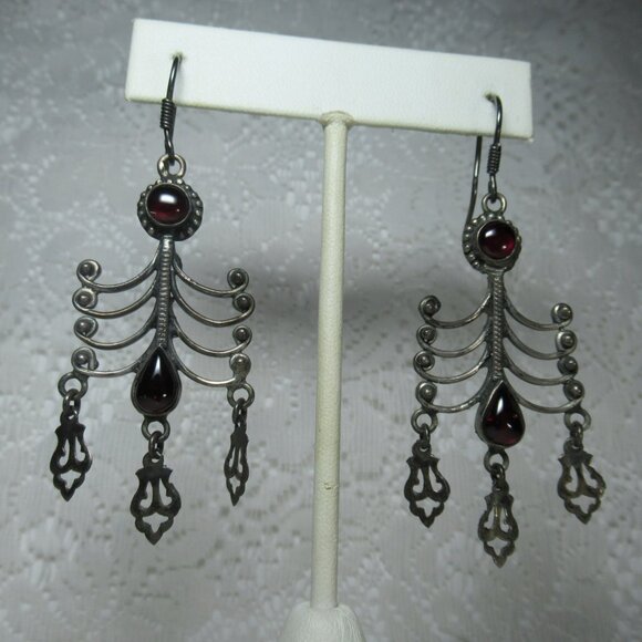 Vintage Sterling Silver 925 Garnet Dangle Earrings Boho Ethnic Tribal Cabochon - Picture 6 of 16